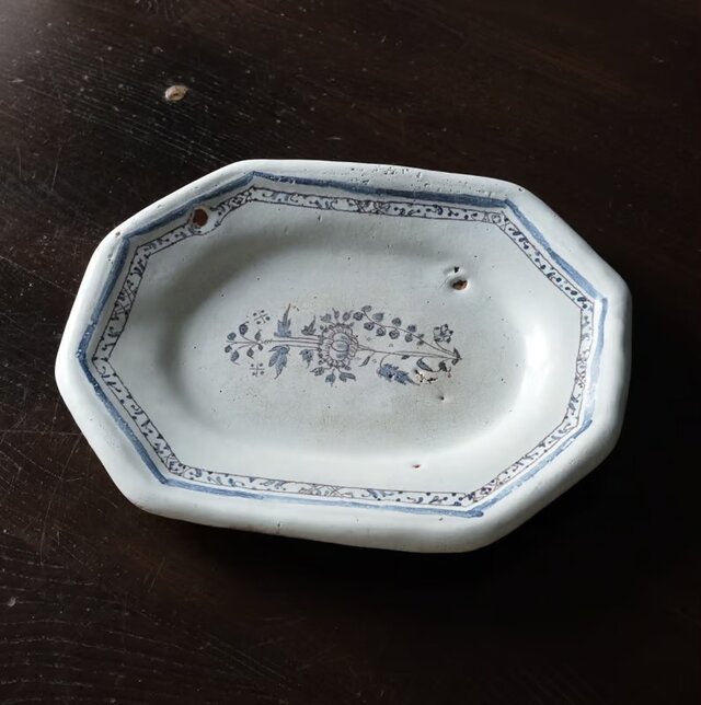 18世紀 小さな花絵オクトゴナル楕円皿 28cm キュノワール 0501504 