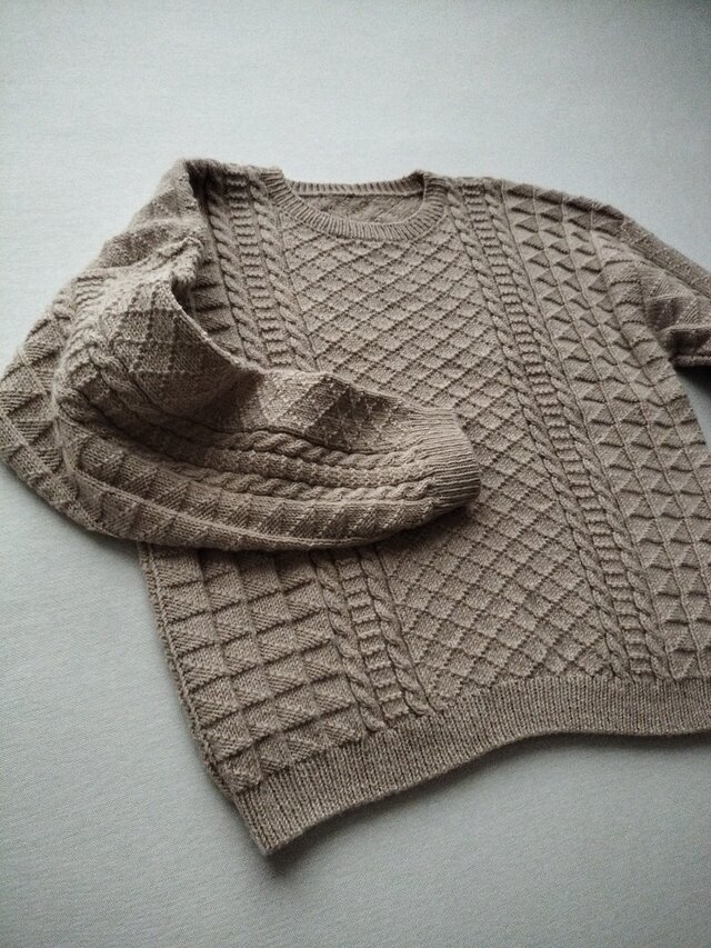 茶系ベージュ　手編みガンジーセーター