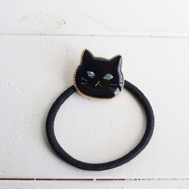 受注生産】ウルウルおめめの猫ヘアゴム なかよしパック 螺鈿風・黒猫 