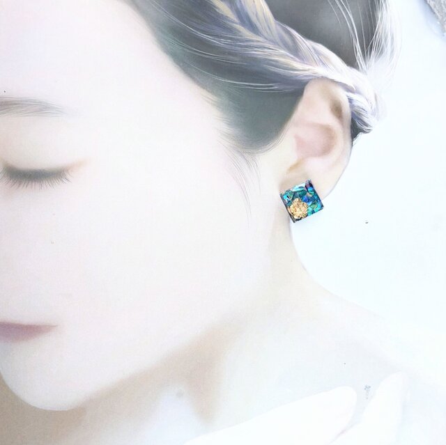 331 ブラック　マーブル　ゴールド　スクエア　ピアス　イヤリング　ハンドメイド p2191_00.jpg