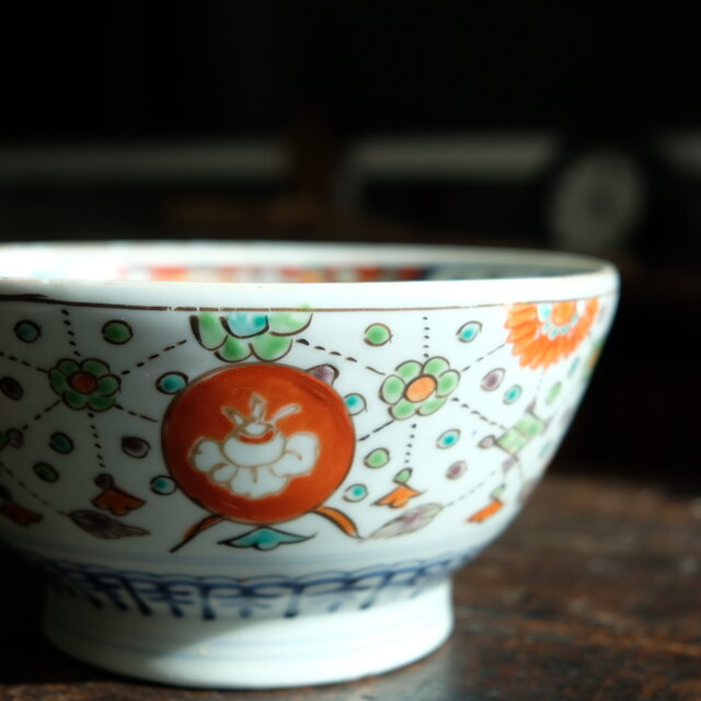 ポップで可愛い◆鶴や風景　伊万里　錦手金彩六寸深鉢　骨董・antiques 江戸末〜明治期　器