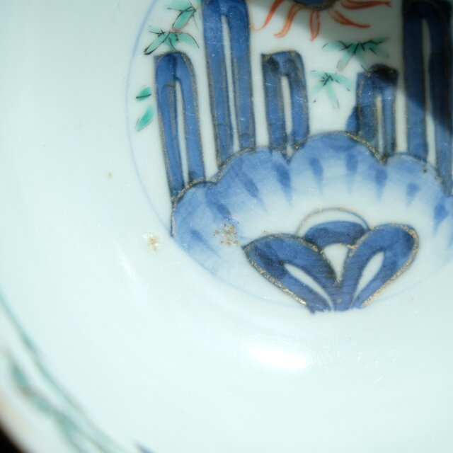 ポップで可愛い◇鶴や風景 伊万里 錦手金彩六寸深鉢 骨董・antiques