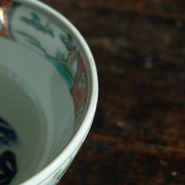 ポップで可愛い◇鶴や風景 伊万里 錦手金彩六寸深鉢 骨董・antiques