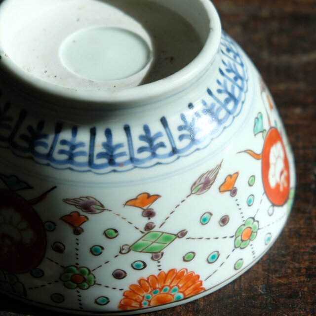 ポップで可愛い◇鶴や風景 伊万里 錦手金彩六寸深鉢 骨董・antiques