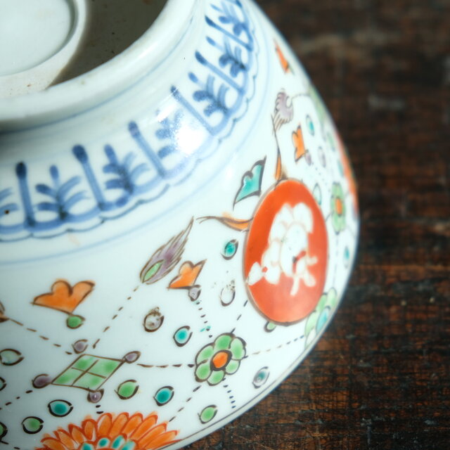 ポップで可愛い◇鶴や風景 伊万里 錦手金彩六寸深鉢 骨董・antiques