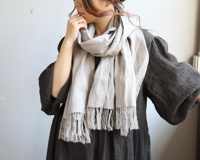 200cm】リネンの経年変化を楽しむ／リネンストール／グレージュ／結び