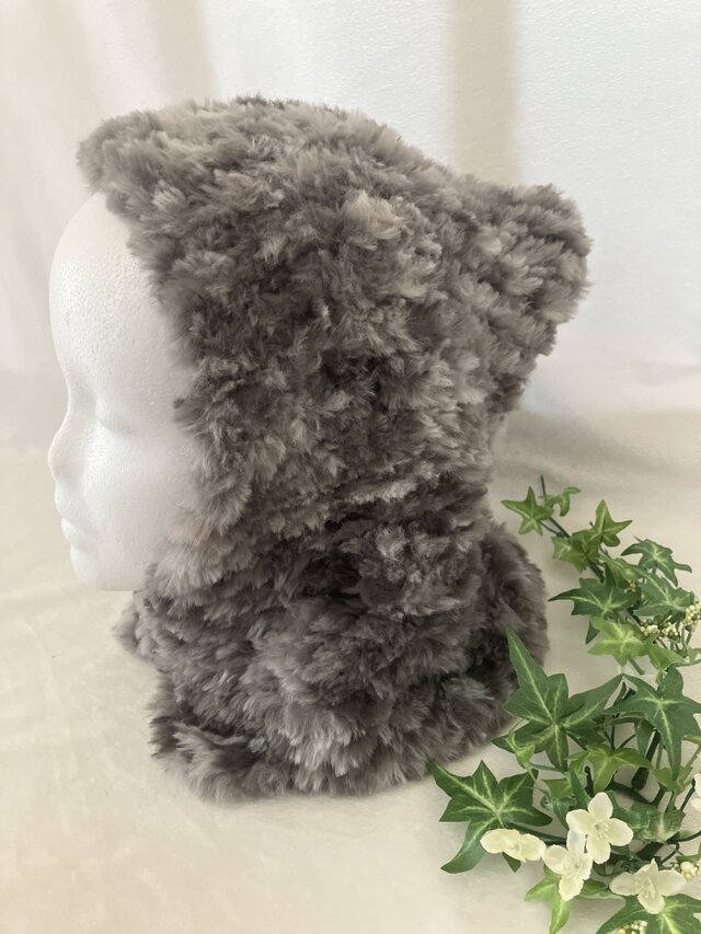 **もふもふバラクラバ風帽子・フードグレー**