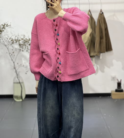 (新作)ピンクセーター 手編みセーターニット クルーネックニット カーディガン ゆったり