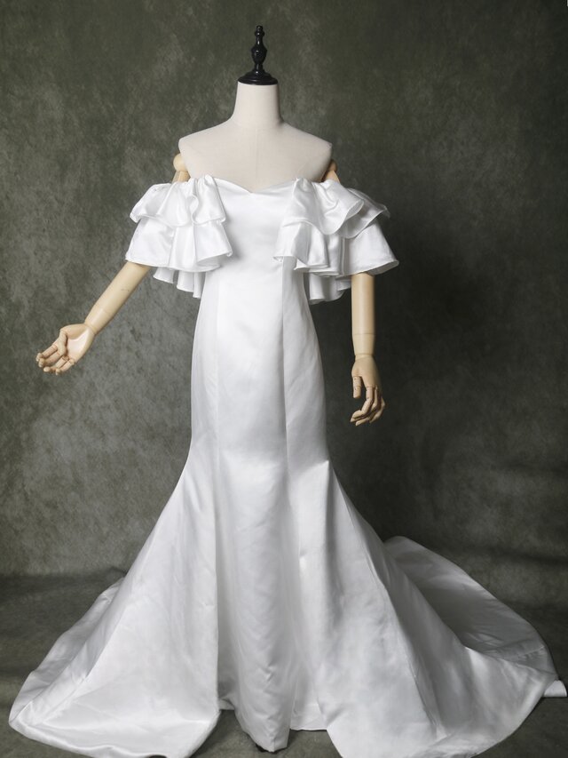 フォーマル/ドレスホワイト マーメイドラインドレス 取り外しオフショルダー 可愛い 編み上げ 結婚
