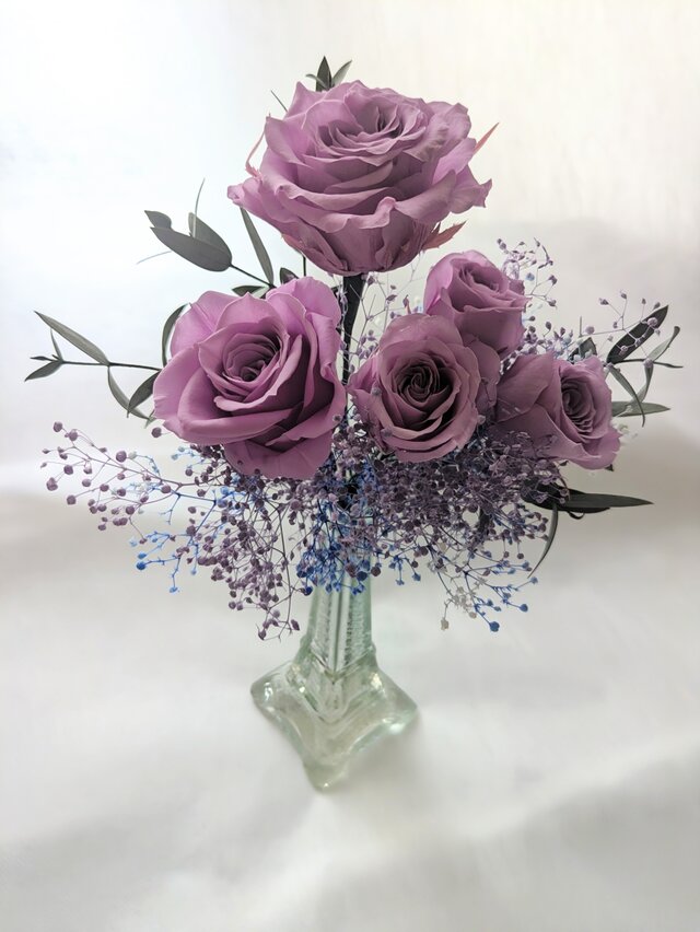 プリザーブドフラワーパープルローズ5輪と小花のふんわり花束（花束