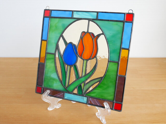 ステンドグラスパネル　　バラとチューリップ 楽天市場】ステンドグラス 建物パネル・鉛線方式 チューリップ