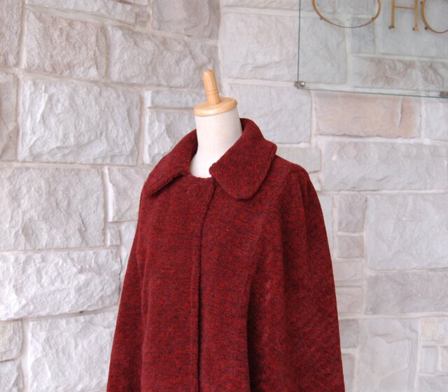 お値下げ⭕ヴィンテージ　イタリーコート　赤　レッド　ニットコート エレガントケープコート】深みのある霜降りアンティーク マダム レッド
