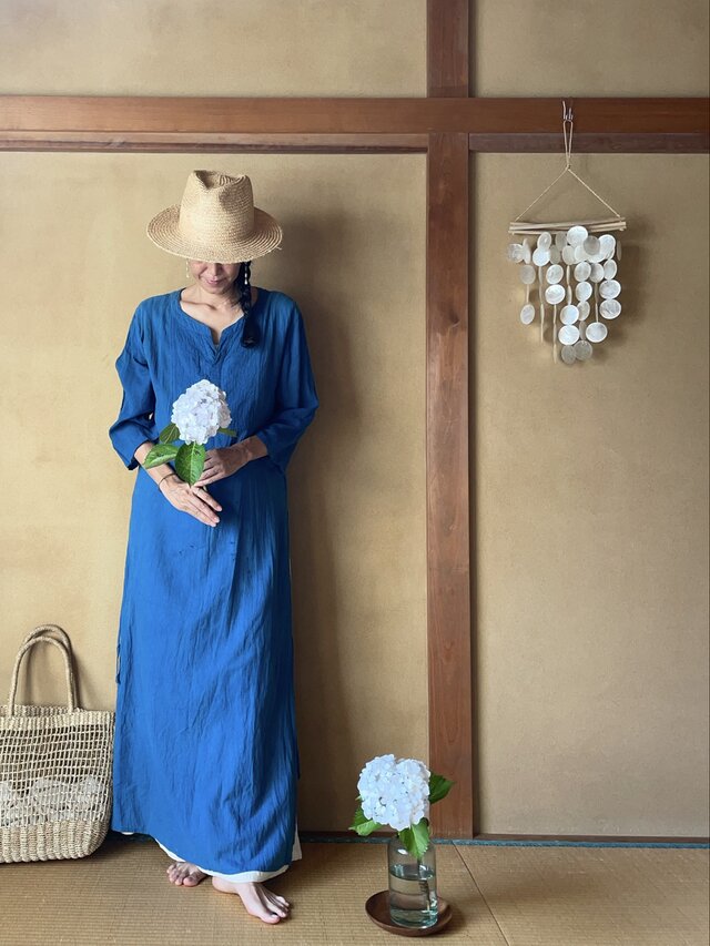 Leaf Dress in Indigo/藍染めロングスリットワンピース