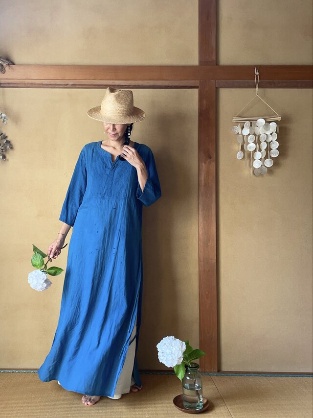 11月6日限定価格☆藍染　ロングワンピース Leaf Dress in Indigo/藍染めロングスリットワンピース | iichi 日々の