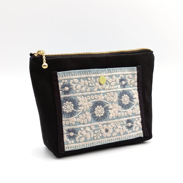 インド刺繍のポケット 16cmポーチ ポケット付き マチあり 黒 590