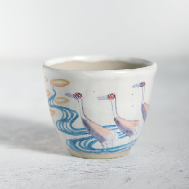 朝焼けの富士と群鶴図・木版画調の湯吞み（ぐい吞み）