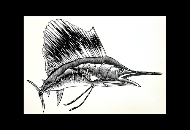 額装済み切り絵作品・バショウカジキ | iichi 日々の暮らしを心地よく