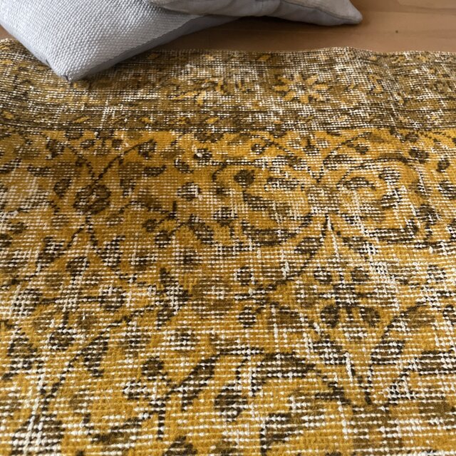 116×208 黄金イエローオーバーダイ　草花ボタニカル　サークル模様　トルコヴィンテージラグ