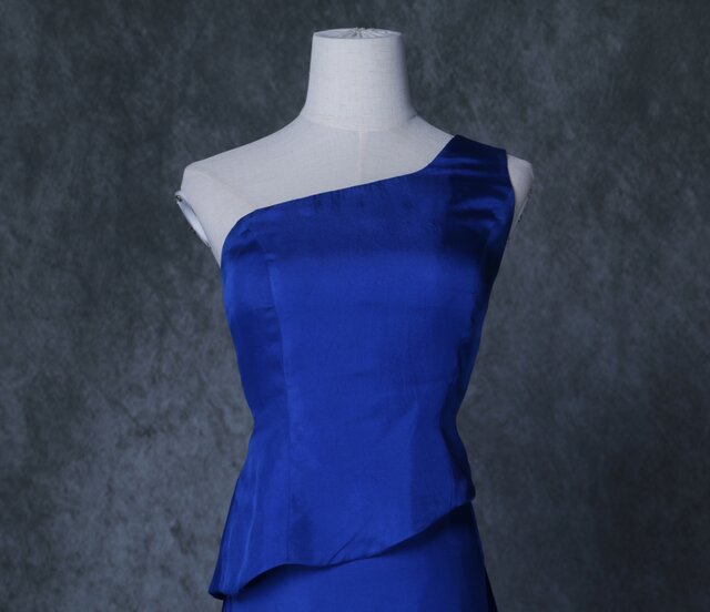 エレガント 着物ドレス ブルー ショルダー型 キラキラスパンコール ソフトマーメイドライン