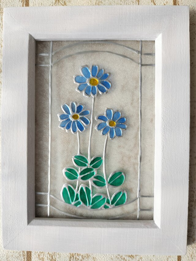 送料無料*ステンドグラス風*ブルーデージー･シルバー･ハンドメイド♪