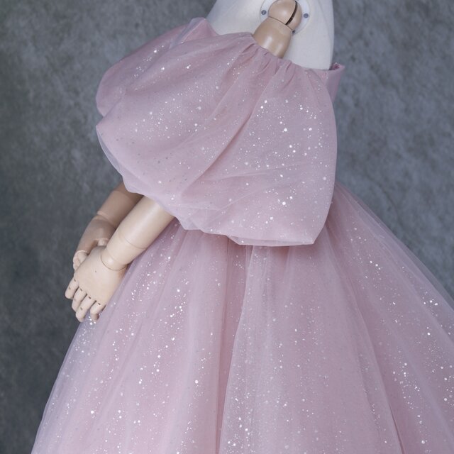 【高評価在庫】美品！ パーティードレス ピンク キラキラグリッターチュール トレーンリボン ロングドレス