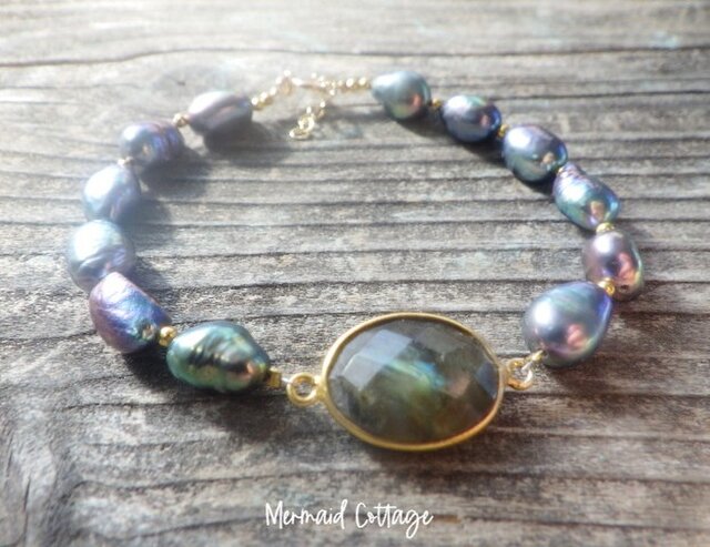 14kgf  アイオライトx淡水パールのブレスレット◝✩ 14kgf)アイオライトと淡水パールのブレスレット - shaina