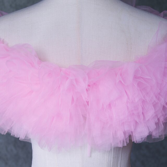 取り外しオフショルダー ピンク 編み上げ ソフトチュール 色直し 花嫁/ウェディングドレス