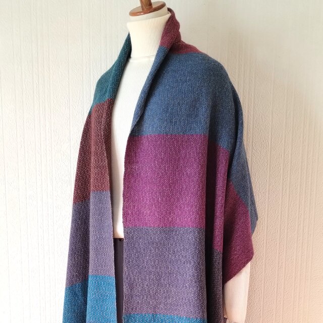 手織り ストール マフラー  青×パープル×ピンク ヤク１００％