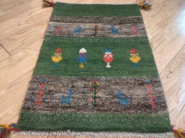 お目玉品35%OFF】ペルシャ ギャッベ 玄関マット 75x50cm 緑 グレー