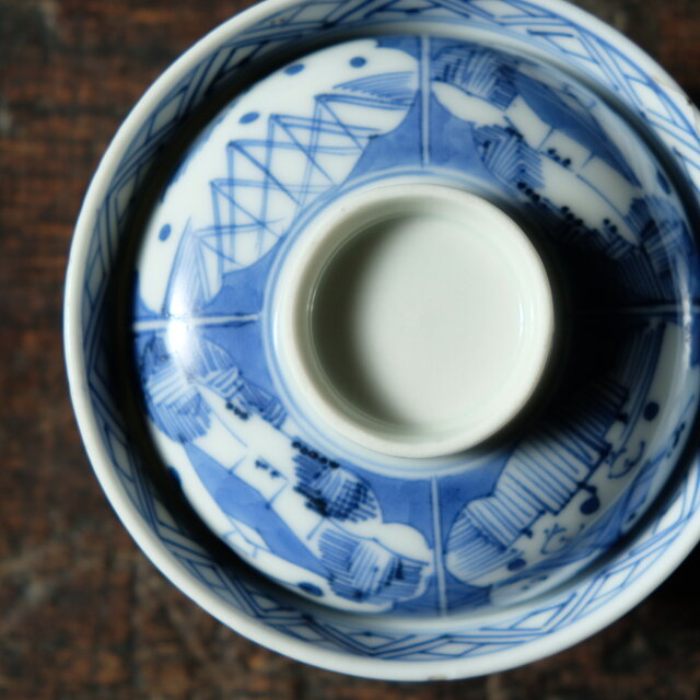 T65 時代物 古伊万里 素晴らし網手 呉須 煎茶碗6客 煎茶器 工芸品