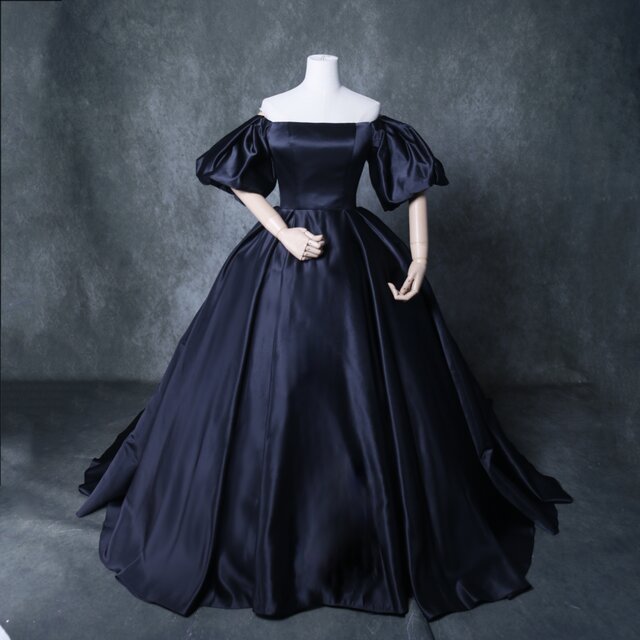 パーティードレス オフショルダー パフスリーブ ブラック 編み上げ 2次会