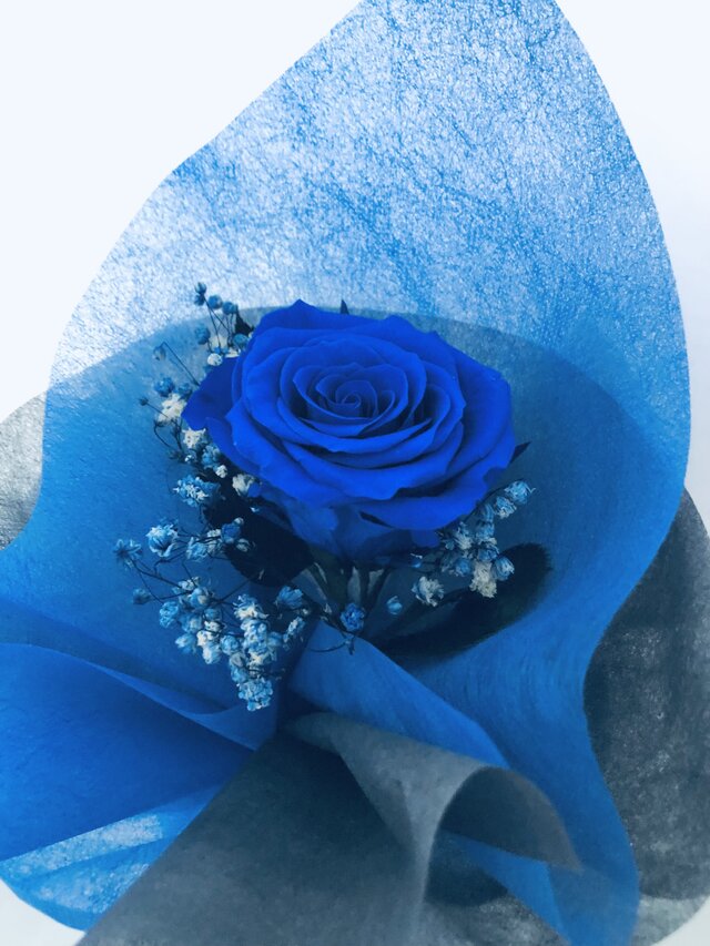 プリザーブドフラワー／青い薔薇とブルーカスミ草の祝福一輪ラッピング
