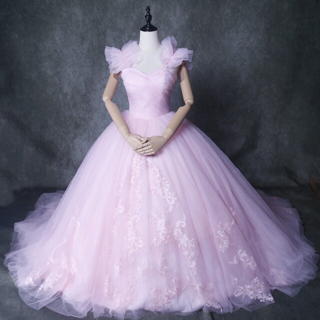 フォーマル/ドレス美品！カラードレス ピンク キャミソール Vネック 繊細レース 編み上げ 可愛い