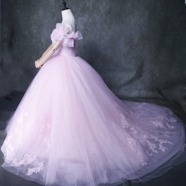 レディース美品！ピンク ウエディングドレス 繊細レース ベアトップ 編み上げ 花嫁