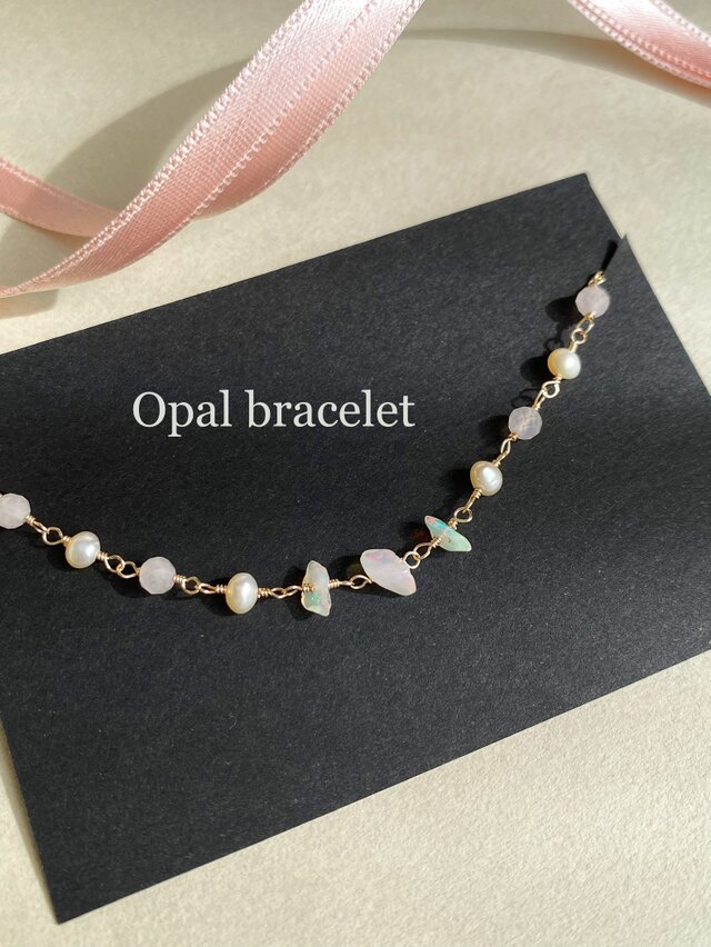 14kgf オパールとローズクォーツ、淡水パールのブレスレット　ac/797