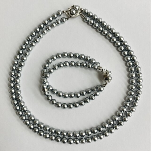 貝パール2連ネックレス＆ブレスレット/7mm約65/70cm+/グレー/R/made in japan