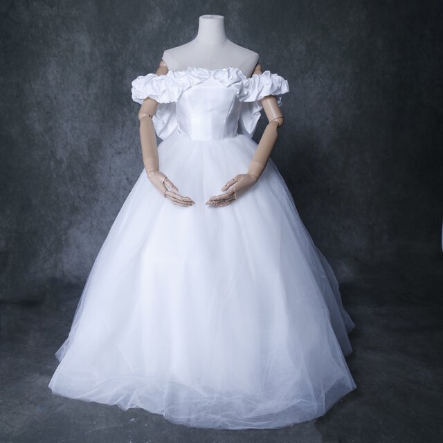高品質！ ウエディングドレス ホワイト 光沢サテン オフショルダーフォーマル/ドレス