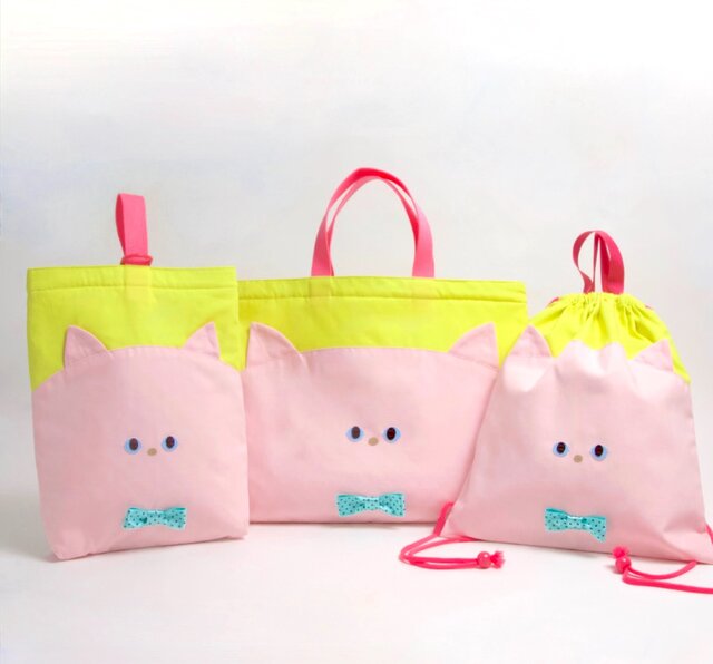 3点セット】ねこ 入園入学セット ピンク × ライムイエロー Kids