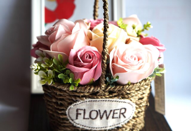 ソープフラワー・バスケットアレンジ・誕生日祝・退職祝い・記念日