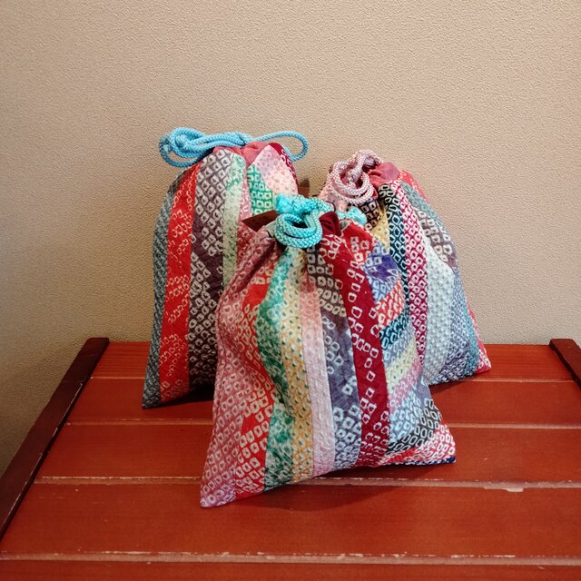 着物　絞りパッチワーク巾着（大）