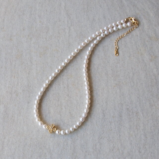 14kgp ”Louvre” 淡水パール ネックレス クロス ホワイト 真珠 | iichi