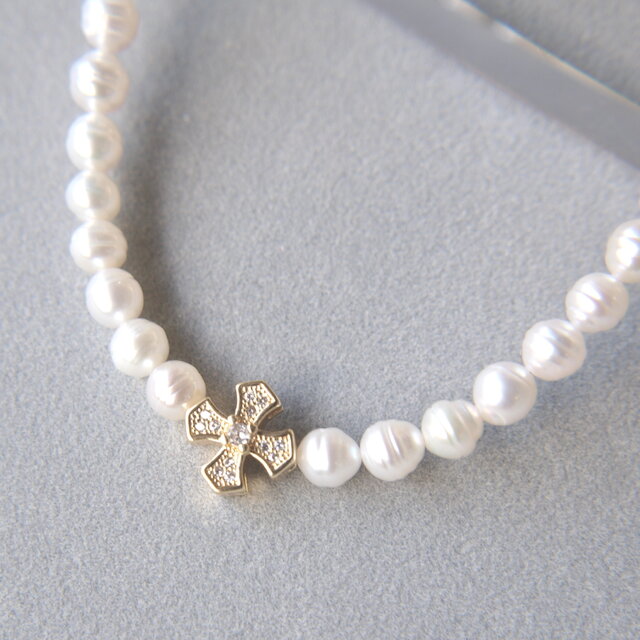 14kgp ”Louvre” 淡水パール ネックレス クロス ホワイト 真珠 | iichi