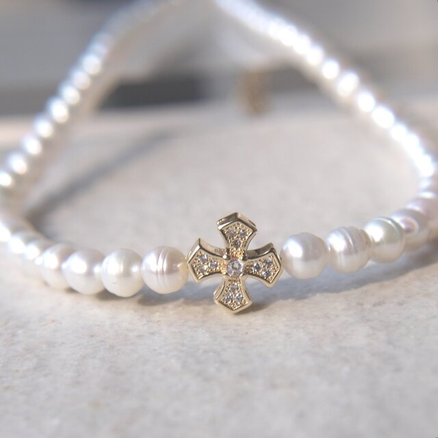 14kgp ”Louvre” 淡水パール ネックレス クロス ホワイト 真珠 | iichi