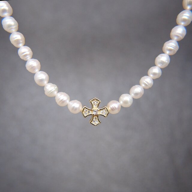 14kgp ”Louvre” 淡水パール ネックレス クロス ホワイト 真珠 | iichi
