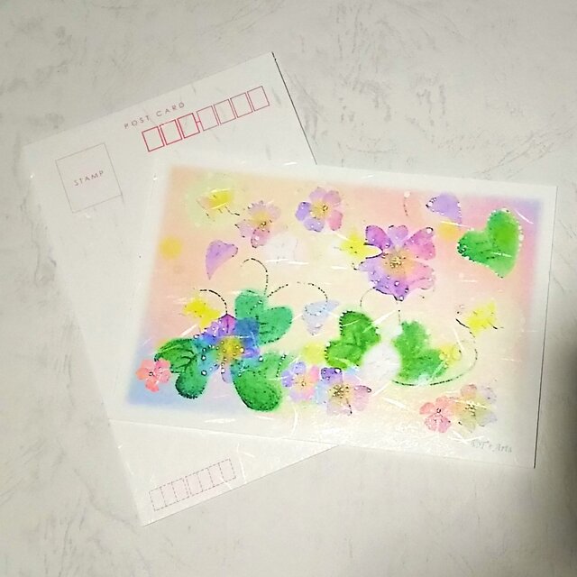 スミレの花絵葉書(和紙) 春のポストカード2枚セット パステルアート