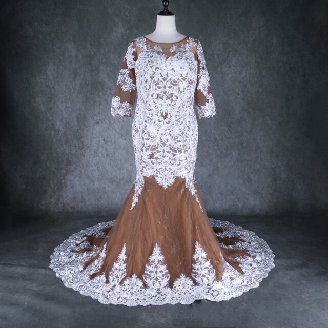 ウェディングドレス 七分袖丈 裾に繊細レースをあしらった 編み上げ マーメイドライン 4L大きいサイズ 結婚式 ハンドメイド