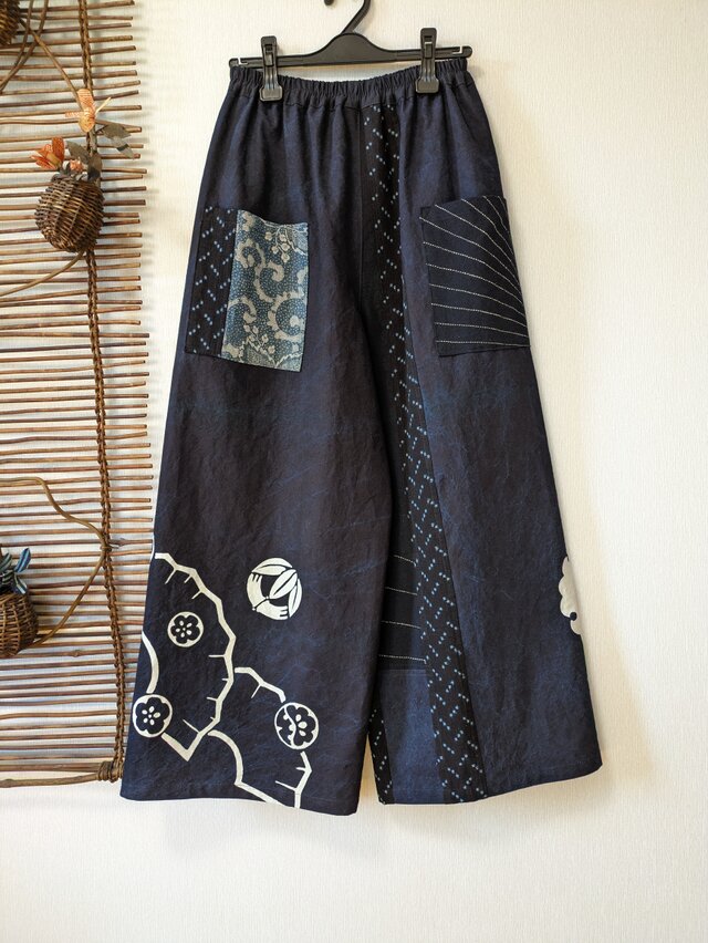 古布リメイク 筒描き＋藍染のワイドパンツ 縞木綿 久留米絣 着物 