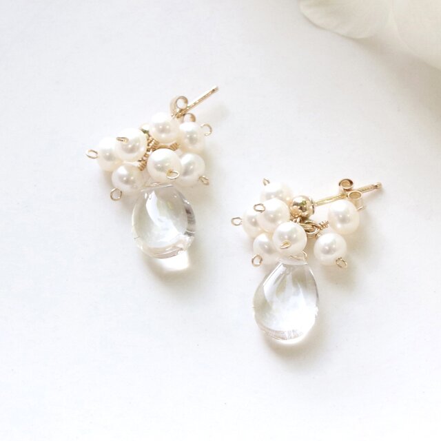 クリスタルクォーツ × 淡水パール 雫ピアス（イヤリング） 14Kgf