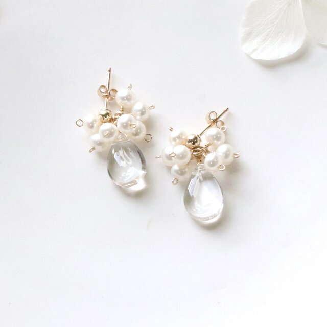 クリスタルクォーツ × 淡水パール 雫ピアス（イヤリング） 14Kgf