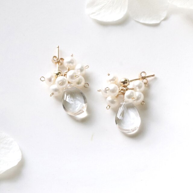 クリスタルクォーツ × 淡水パール 雫ピアス（イヤリング） 14Kgf